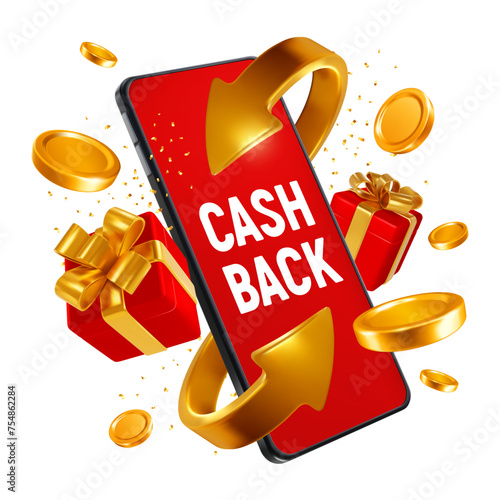 Cash back from shopping online. Realistic 3d golden arrows, which symbolizing the money refund, swirling around smartphone, gold coins and gifts. Isolated on white. Vector conceptual illustration