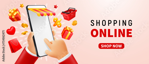 Hand holding mobile phone, finger touching screen, light background. Gifts, coins, basket flying around. Conceptual 3d vector design for advertising of shopping online, sale, discounts, mockup etc.