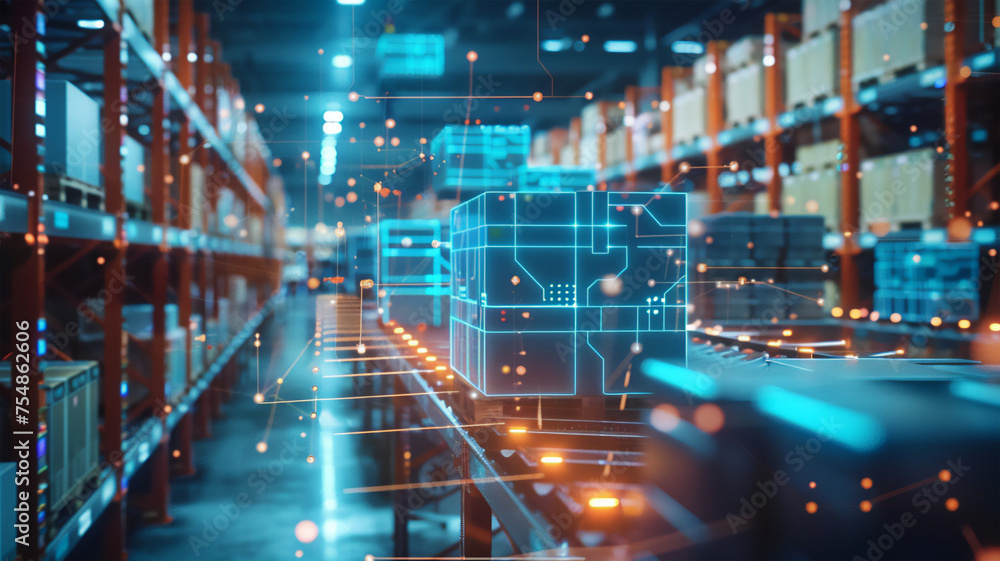 smart warehouse with artificial intelligence, without human intervention. autonomous form of sorting and loading of goods. smart logistics and sorting technologies. Generative AI - obrazy, fototapety, plakaty 