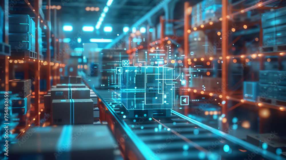 Fototapeta premium smart warehouse with artificial intelligence, without human intervention. autonomous form of sorting and loading of goods. smart logistics and sorting technologies. Generative AI