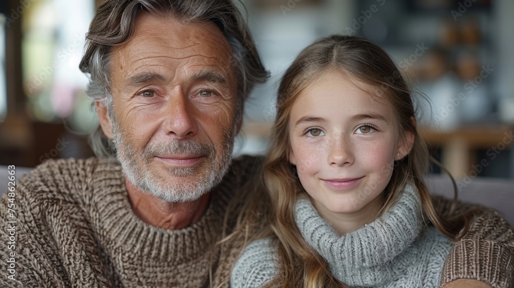 A multiracial man and a little girl are sitting together on a couch in a living room A multiracial man and a little girl are sitting together on a couch in a living room