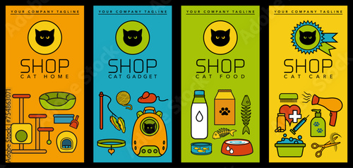Série de 4 flyers colorés, illustrés de pictogrammes représentant divers accessoires pour les chiens.