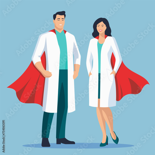 Male doctor and female doctor with red superhero cape. Vector illustration.