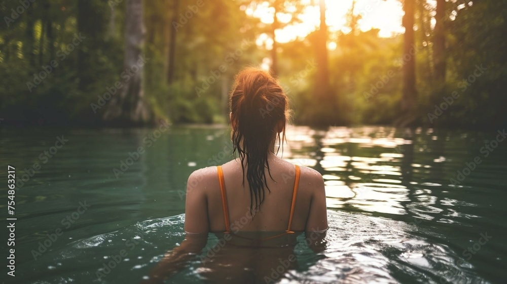 Tranquil River Retreat: Woman Finds Relaxation Amidst Gentle Waters - Woman, Relaxing, River, Water, Tranquil, Nature, Serenity