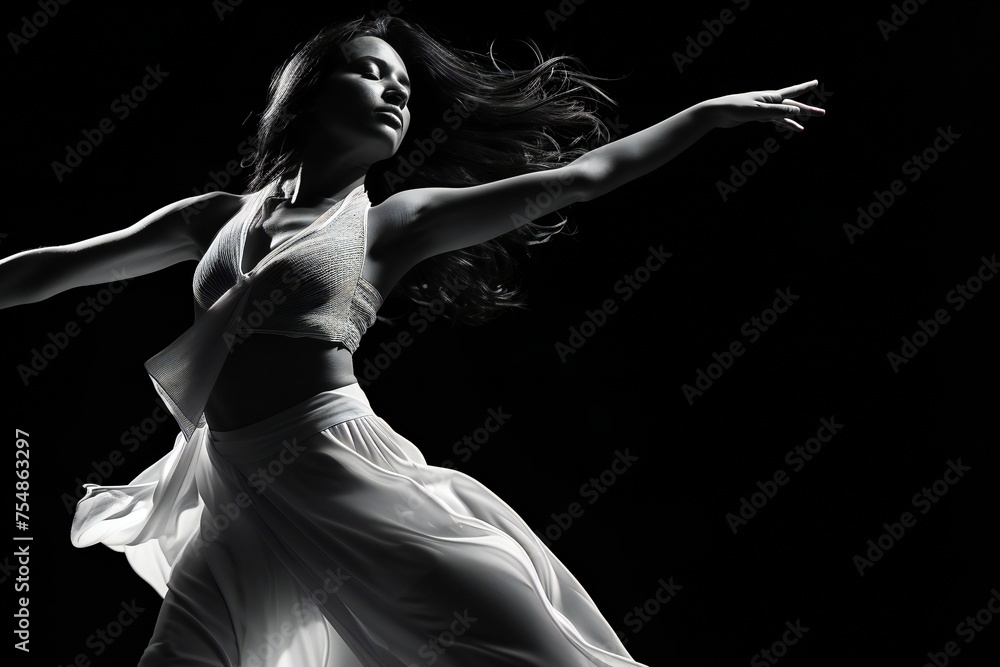 Beautiful dancer posing in studio. Woman dance contemporary. Black and white photography.