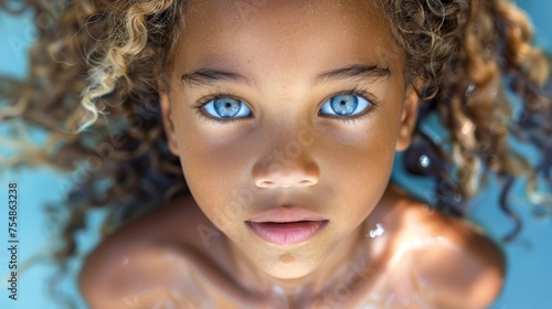 Close up of a multiracial child with striking blue eyes looking directly at the camera photo
