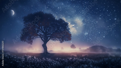 Realistic image of a hazy sky illuminated by moonlight, a man and a woman sitting on a swing under a tree. Generative AI
