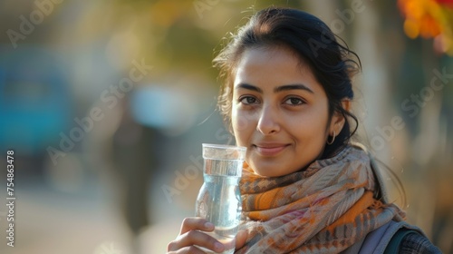 A multiracial woman holding a glass filled with water in her hand