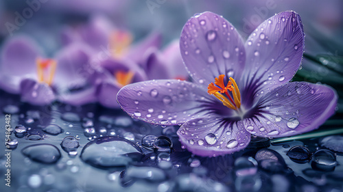 raindrops sparkle on blue and purple crocuses  tranquil style photo. Generative AI