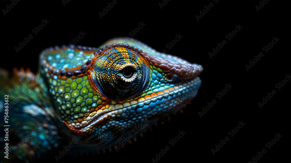 Obraz premium portrait of an colorful face of a chameleon detailed on black background. Generative AI