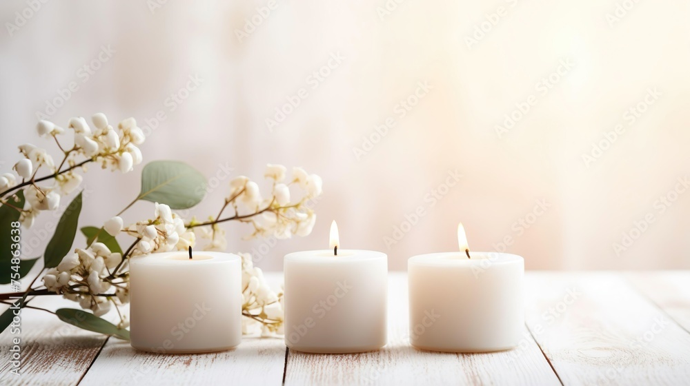 White candle with a beautiful flower on the table.