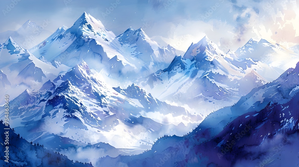Fototapeta premium Abstract Watercolor Snowcapped Mountains in Panoramic View with Cinematic Lighting and Icy Blue Hues