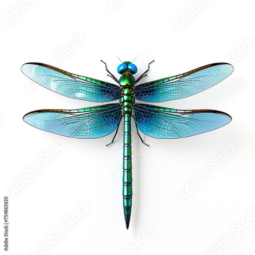 A close up of a dragonfly with blue wings on a white background.