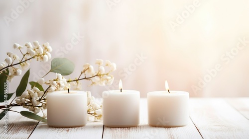 White candle with a beautiful flower on the table.