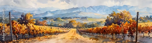 A painting of a vineyard with a cloudy sky in the background