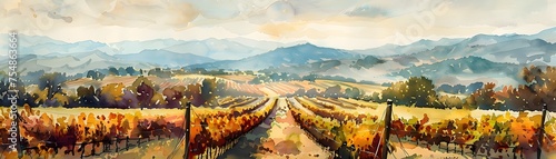 A painting of a vineyard with a cloudy sky in the background photo
