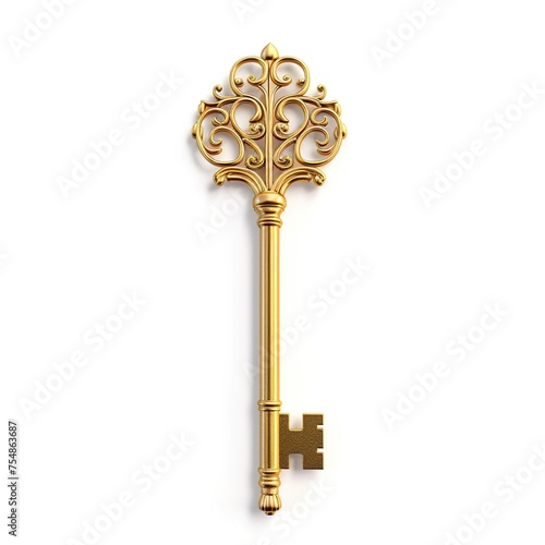 Vintage Gold Skeleton Key on a white background.