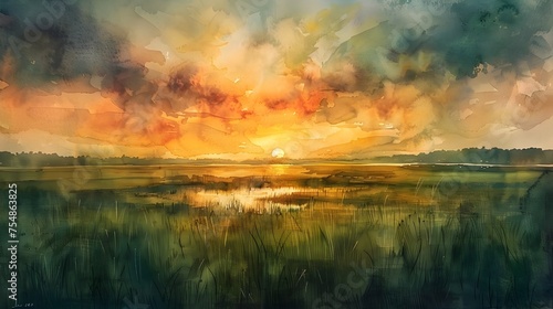 Watercolor Sunset Over To provide a beautiful and calming piece of wall art featuring a sunset photo