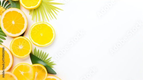 Top view Orange, vitamin C, White background with summer vacation vibes.