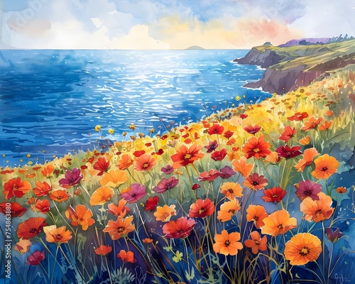A painting of a beach with a field of flowers in the foreground