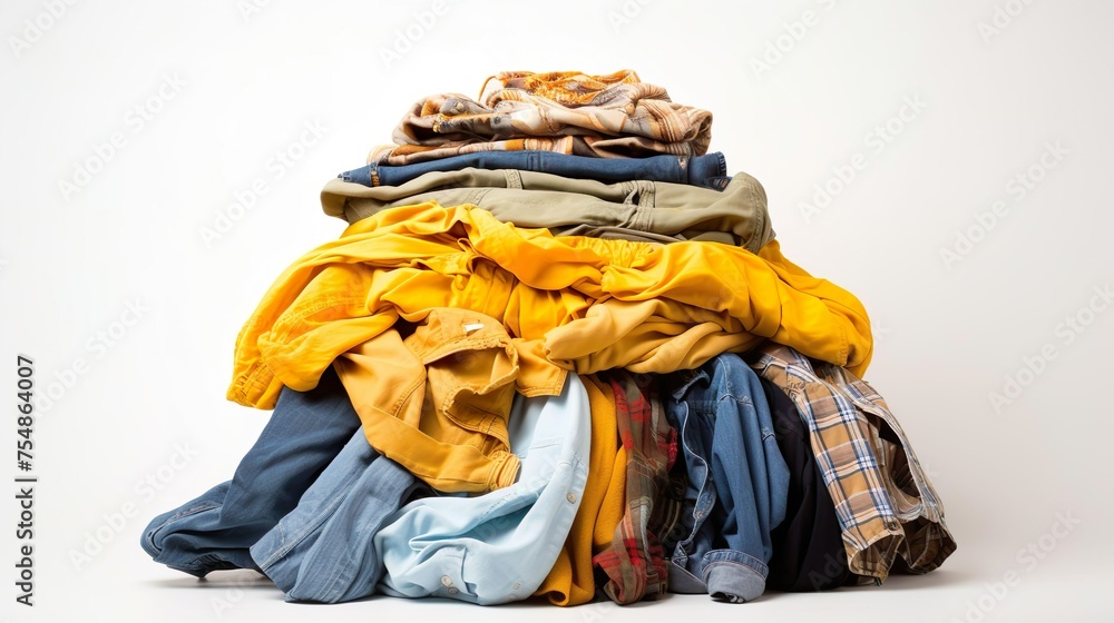 Stack of men's and women's clothes on a white background. 