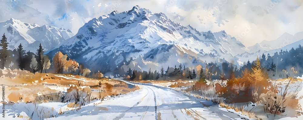 Watercolor Autumn Mountains Majestic Snow-Capped Peaks and Dense Pine Forests in Earthy Tones