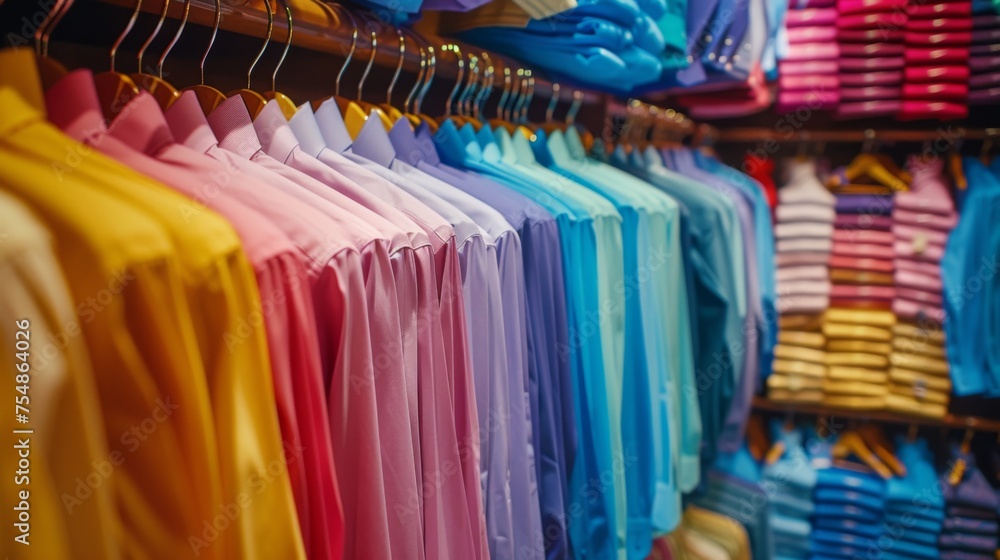 A variety of colorful shirts displayed on a rack against a wall, showcasing different patterns and colors