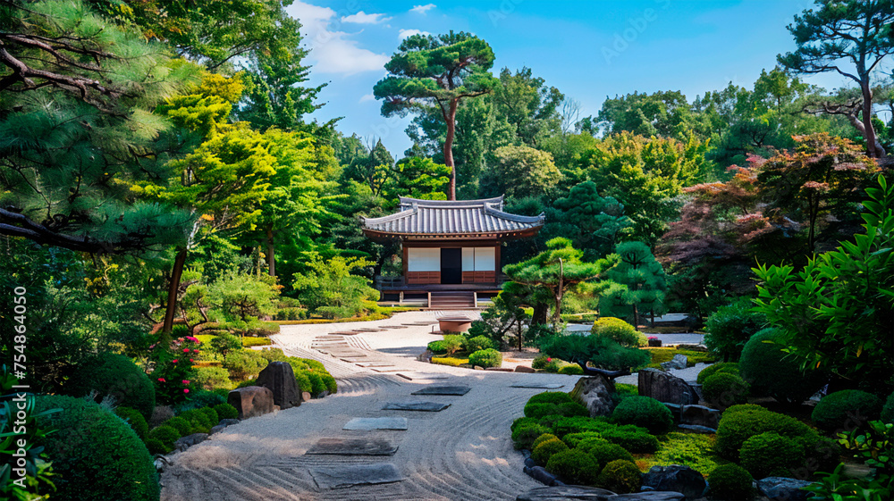 The heart of the Japanese garden, a place for meditation.Zen garden, which is a miniature stylized landscape. It is filled with compositions of stones, gravel, white sand and plants. Generative AI The heart of the Japanese garden, a place for meditation.Zen garden, which is a miniature stylized landscape. It is filled with compositions of stones, gravel, white sand and plants. Generative AI
