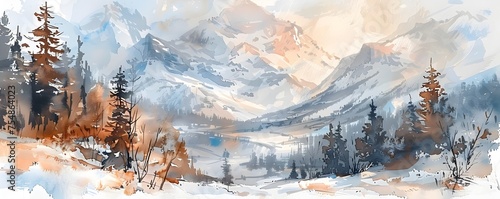 Watercolor Autumn Mountains Majestic Snow-Capped Peaks and Dense Pine Forests in Earthy Tones