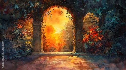 Watercolor Ancient Stone Archway at Dawns Golden Light Amid Lush Foliage