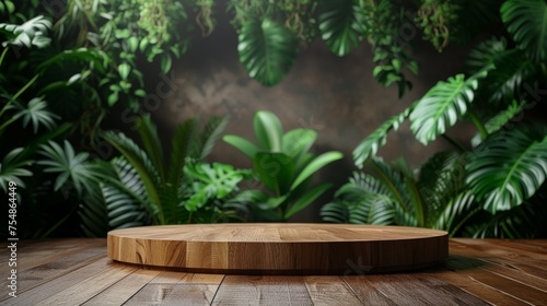 A wooden table is set against a backdrop of a lush plant wall