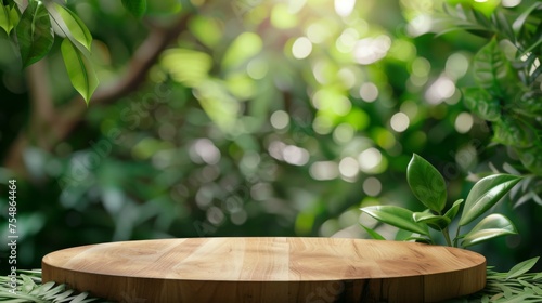 A wooden plate sits atop vibrant green foliage in a dense forest setting