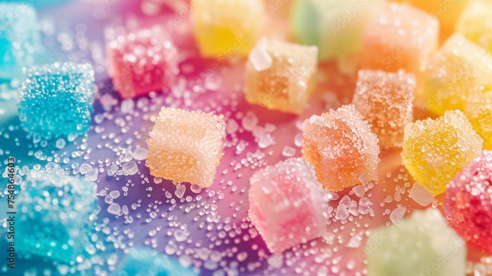 A vibrant array of sugar-coated gummy candies sparkling with tiny sugar crystals, bathed in a playful spectrum of pastel hues A vibrant array of sugar-coated gummy candies sparkling with tiny sugar crystals, bathed in a playful spectrum of pastel hues