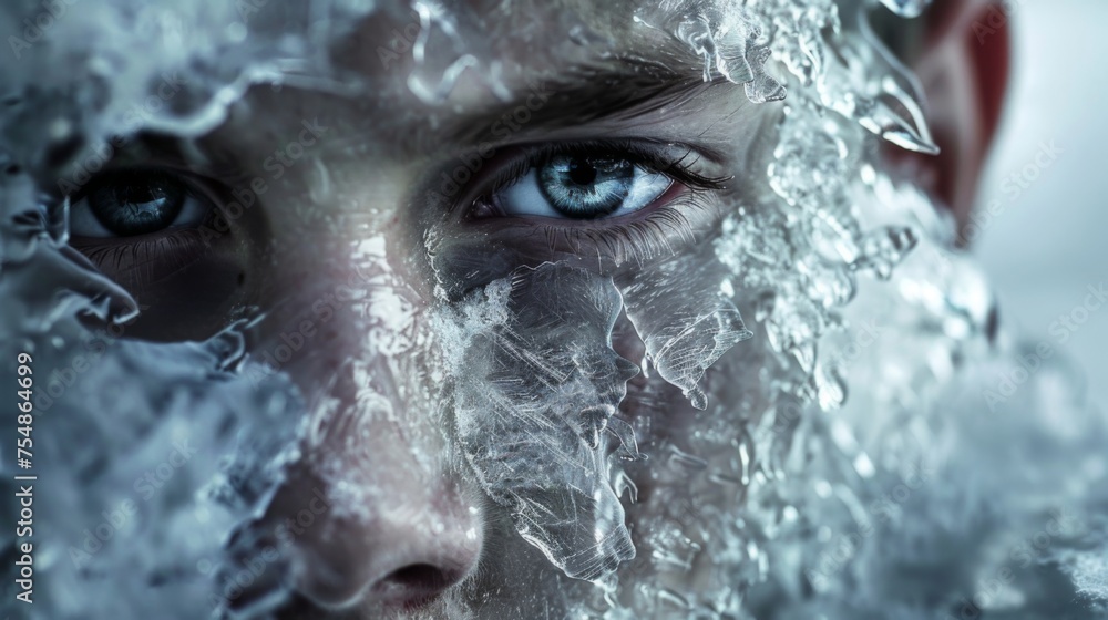 Man face covered in ice. Winter portrait in crystals of ice and snow. Frozen face