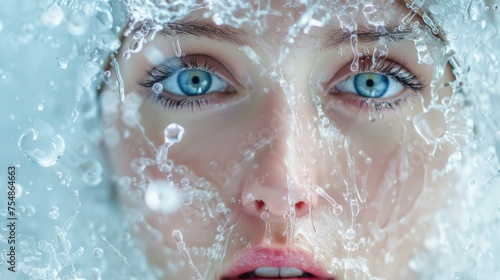 Female face covered in ice. Winter portrait in crystals of ice and snow. Frozen face