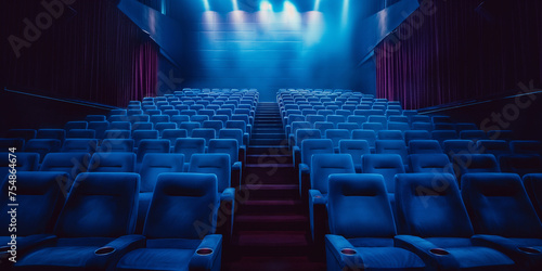 Kino mit Sitzen und Bühne im schönen blauen Licht, ai generativ