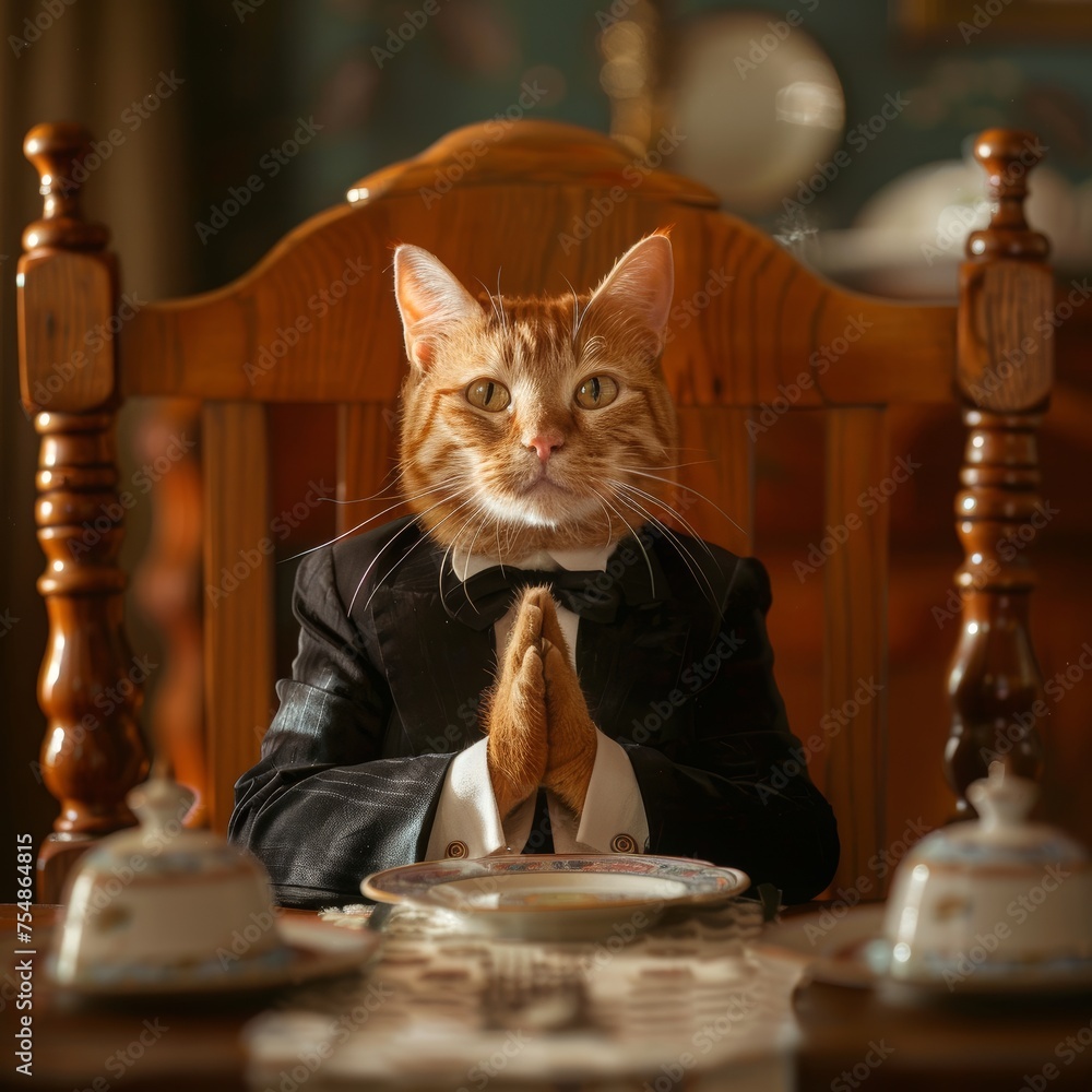 The red cat is sitting at the dining table in the tailcoat praying with his hands together like a human Eyes to the sky 
