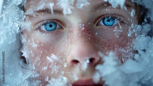 Young boy face covered in ice. Winter portrait in crystals of ice and snow. Frozen face