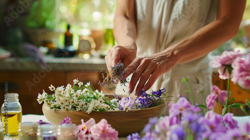 With a gentle hand, the woman selects fragrant botanicals such as lavender, jasmine, and rose petals, carefully arranging them on the table next to an array of essential oils, crea