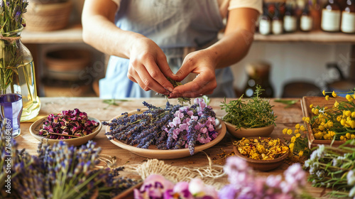 With a delicate touch, the woman prepares bundles of dried lavender, rose petals, and chamomile flowers, arranging them on the table next to an assortment of essential oils, creati photo