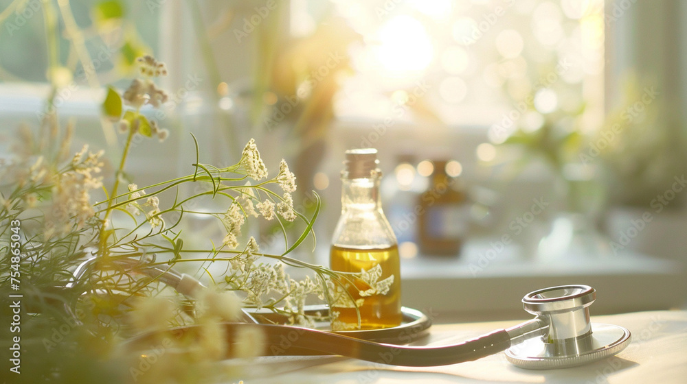 With a shallow depth of field, the camera highlights the stethoscope, essential oils, and medical herbs in the foreground, while soft focus blurs the background, creating a dreamy, With a shallow depth of field, the camera highlights the stethoscope, essential oils, and medical herbs in the foreground, while soft focus blurs the background, creating a dreamy,