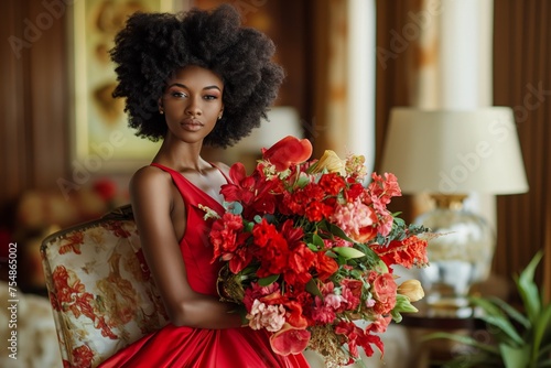 a close-up studio fashion portrait of a young african woman with perfect skin and immaculate make-up wearing red wedding dress and jewelry holding a huge bouquet of red flowers