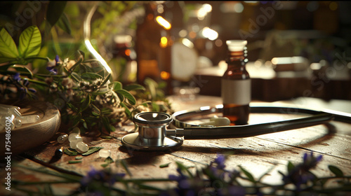 With soft lighting casting gentle shadows, the camera pans across the table, showcasing the stethoscope, essential oils, and medical herbs in exquisite detail, inviting viewers int