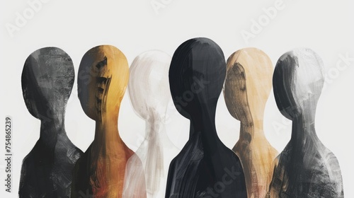 faceless illustration, An evocative row of seven faceless figures painted in a spectrum of shades, from dark to light, symbolizing human diversity and inclusivity.
