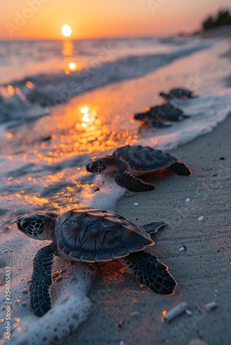 A tiny turtle crawls along a sandy beach, preparing to enter the ocean.