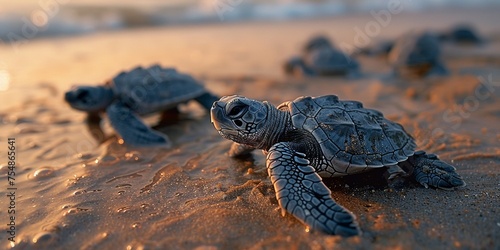 Baby turtles walk along a sandy beach towards the ocean.