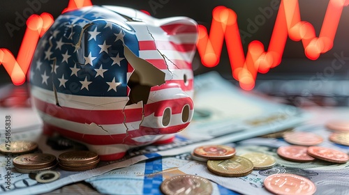 A cracked piggy bank. With skin-tone in the form of an American flag. In the background is a graph of the growth of the US national debt. photo