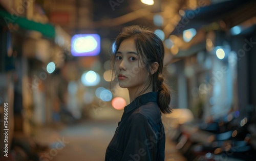 A multiracial woman standing alone on a bustling city street at night, surrounded by tall buildings and bright lights © imagineRbc