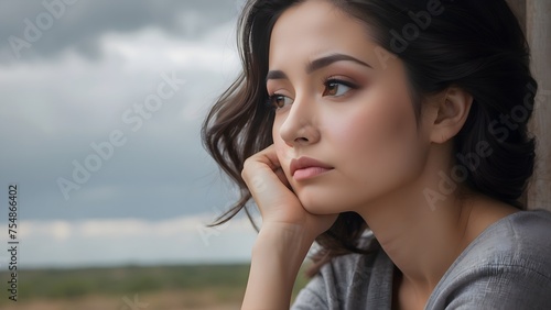 An intimate portrayal of a woman lost in thought, her melancholic expression highlighted by the soft, diffused light of a cloudy day, generative AI © Zimal
