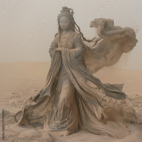 A asiatic queen woman out of sand is fading away by a sandstorm in the Desert 